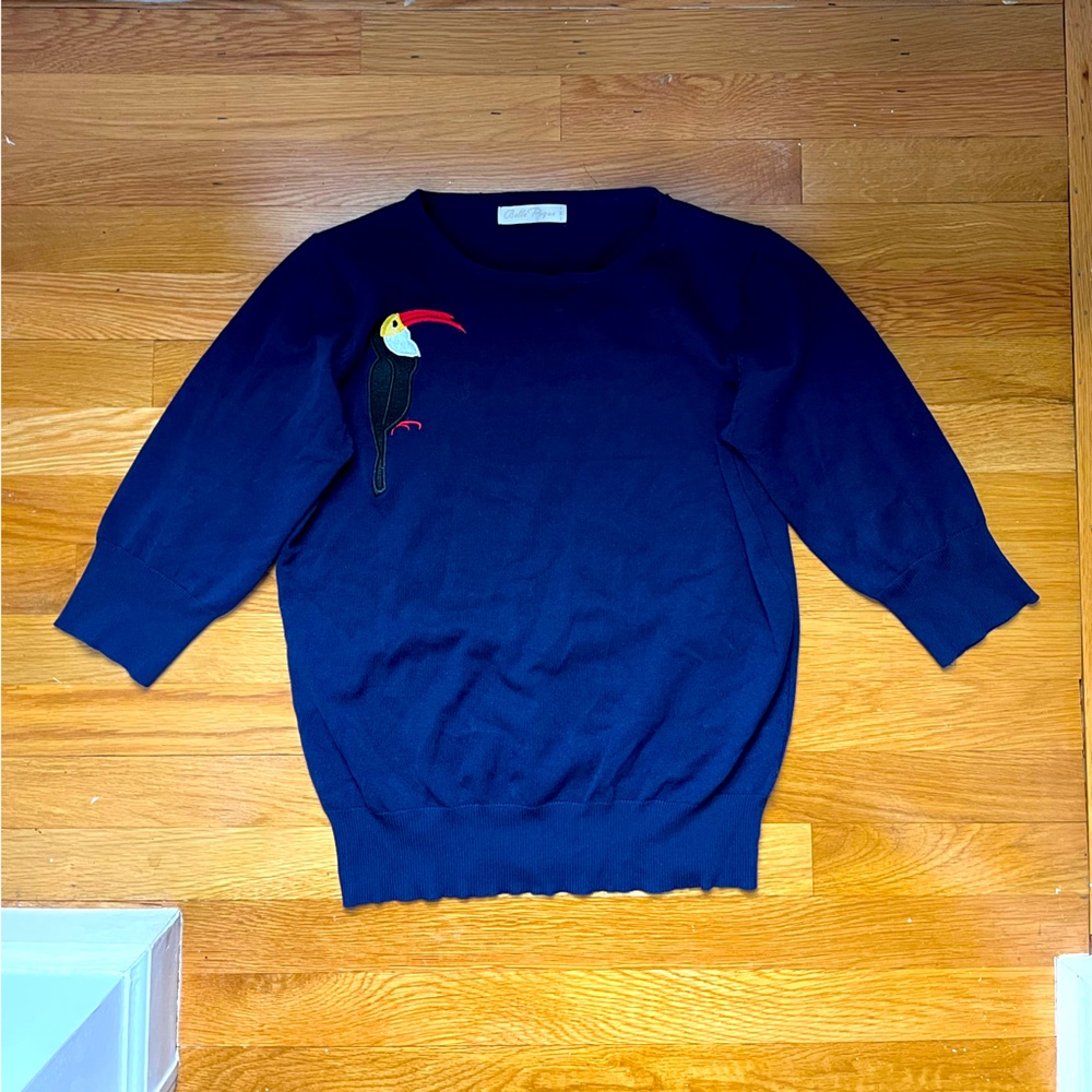 Belle Poque Navy 3/4 Sleeve Crewneck Sweaterwith Toucan Embroidery